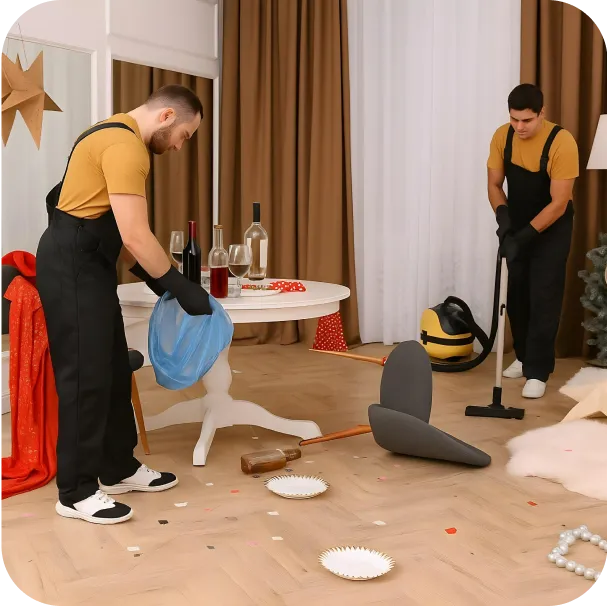 a group of man cleaning the room after the party