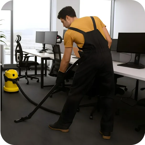 a man cleaning the office's floor with vacuum