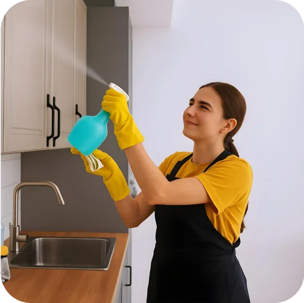 a girl wearing apron and gloves cleaning the kitchen