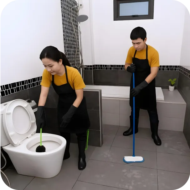 a man and a woman cleaning the bathroom