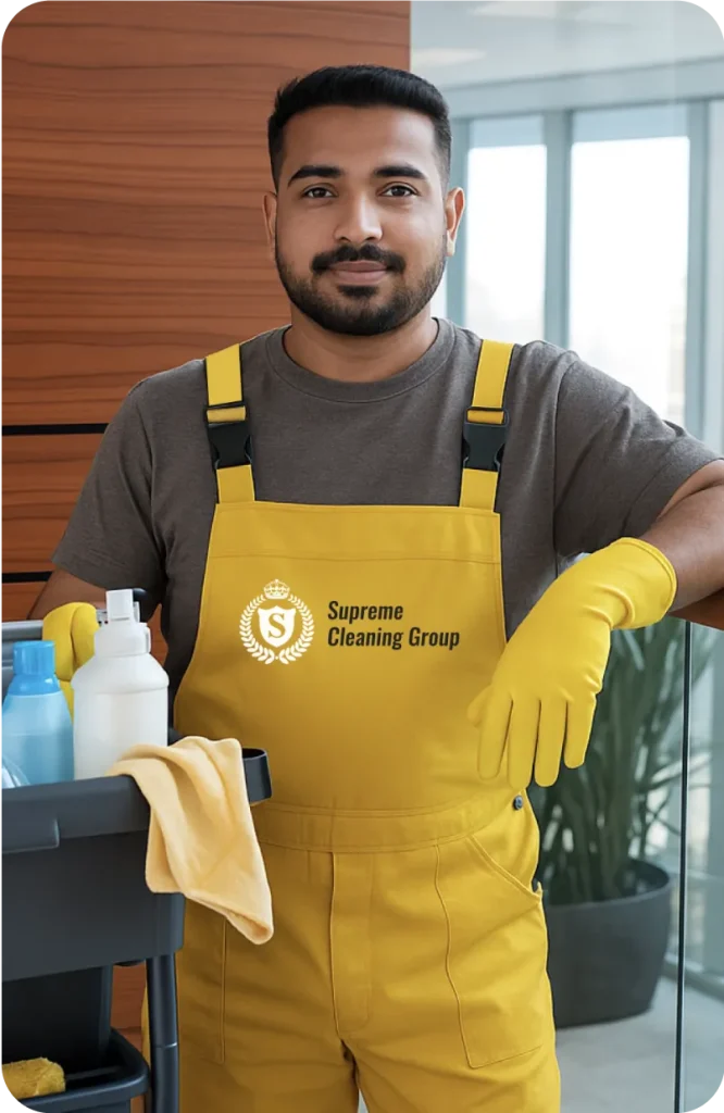 A Man Wearing Apron And Gloves Holding Cleaning Items