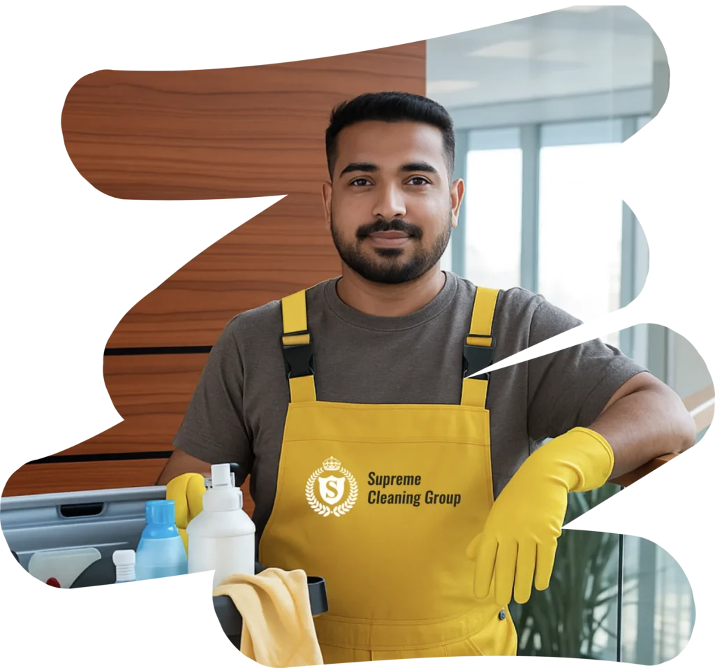 A Man In Supreme Cleaning Group&Amp;Apos;S Uniform Holding Cleaning Items