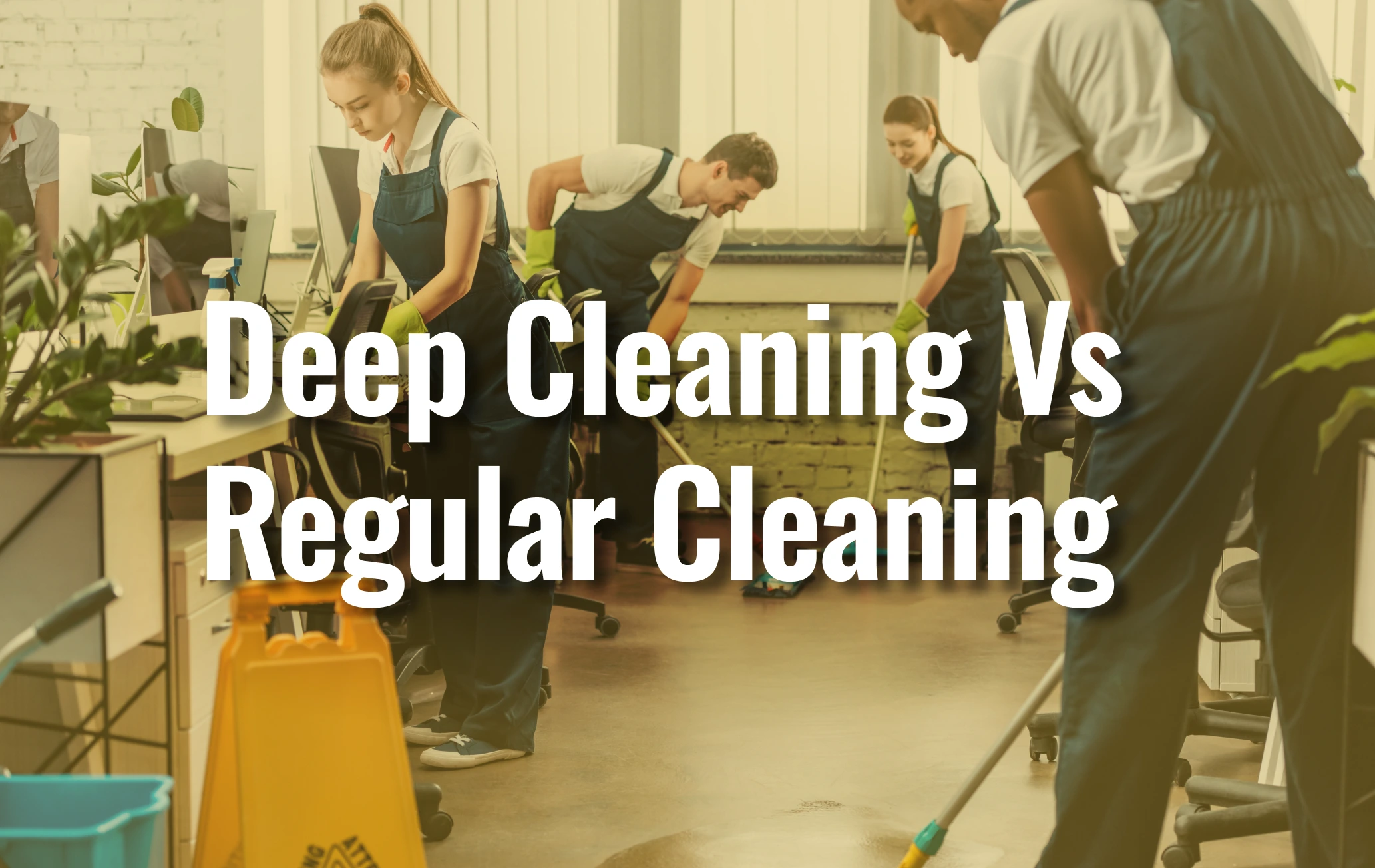 Cleaning Workers Are Cleaning The Surface And It Shows Text: Deep Cleaning Vs Regular Cleaning
