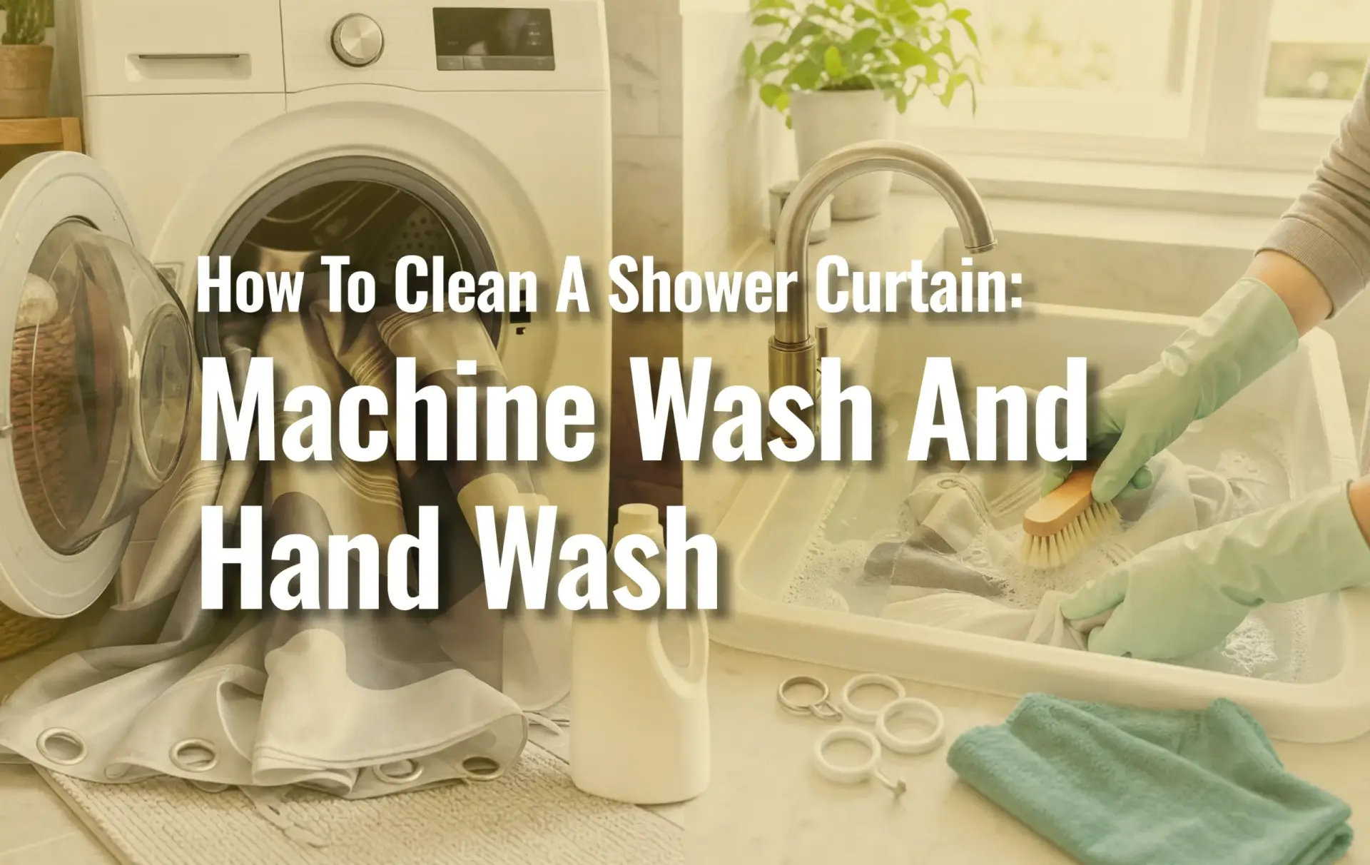 Split-image illustrating how to clean a shower curtain. On the left, a shower curtain is being loaded into a front-loading washing machine. On the right, gloved hands scrub a shower curtain in a sink with soapy water. Overlaid text reads, "How To Clean A Shower Curtain: Machine Wash And Hand Wash."